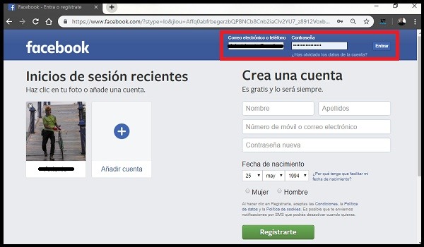 Inicia sesión en tu cuenta facebook