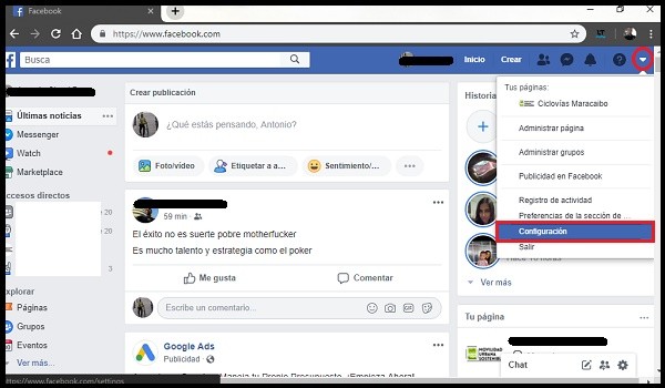 abrir la configuración de tu facebook