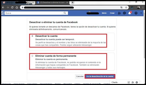 desactivar o eliminar cuenta de facebook