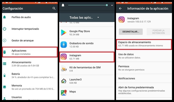 borrar datos y memoria cache de instagram