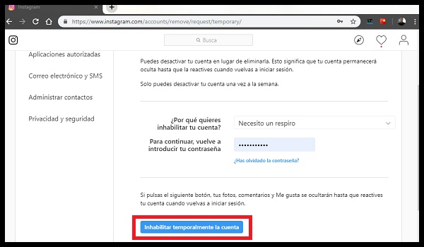 desactivar cuenta de instagram