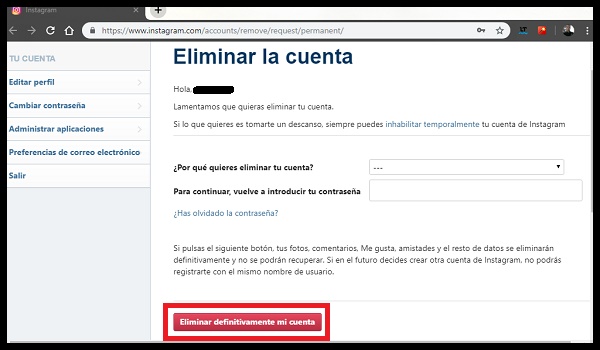 eliminar cuenta de instagram