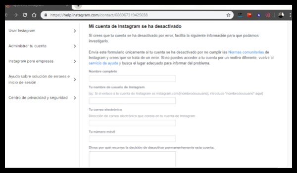 rehabilitar cuenta desactivada por instagram